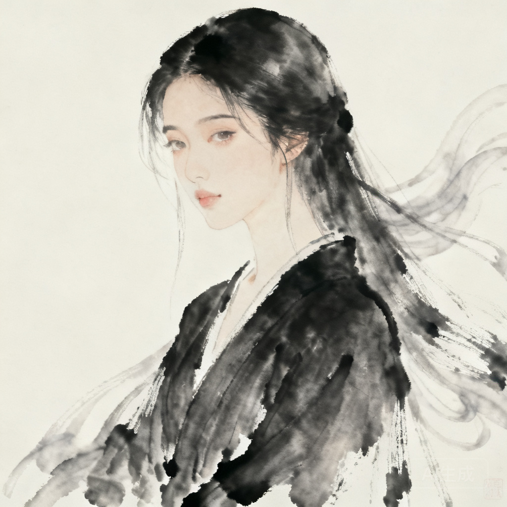 古风侠客，水墨意境，墨色长袍，仙气飘逸  美女头像