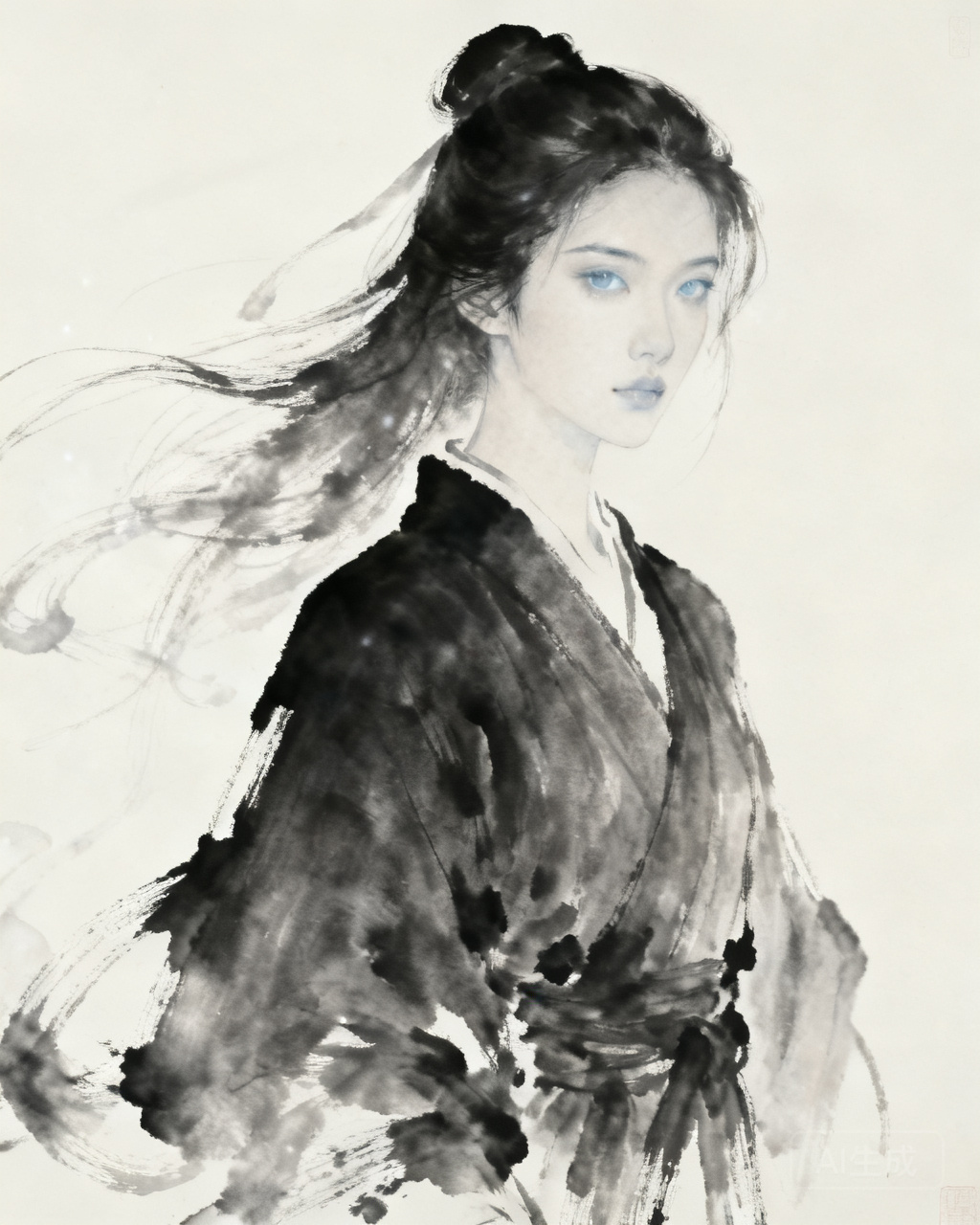 古风侠客，水墨意境，墨色长袍，仙气飘逸 女神头像